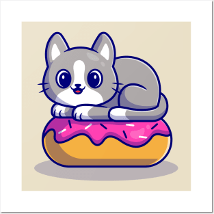 Cute Cat With Doughnut Cartoon Posters and Art